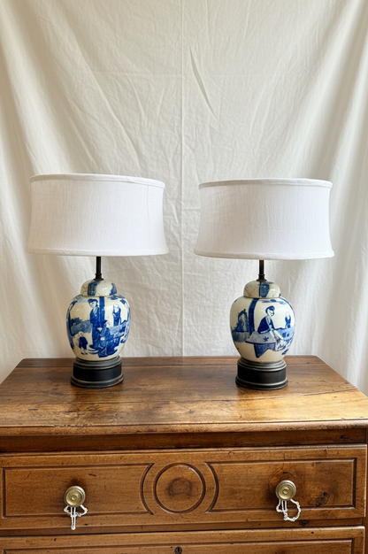 Vintage Blue & White Lamp with Linen Shade (Pair)