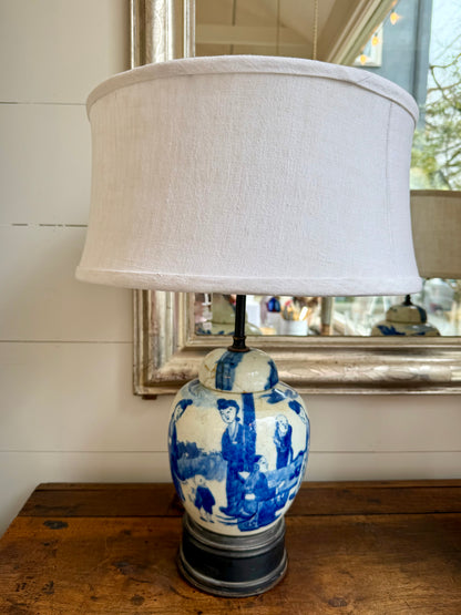 Vintage Blue & White Lamp with Linen Shade (Pair)
