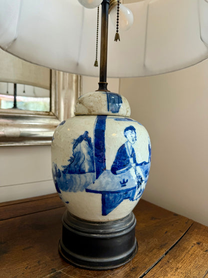 Vintage Blue & White Lamp with Linen Shade (Pair)