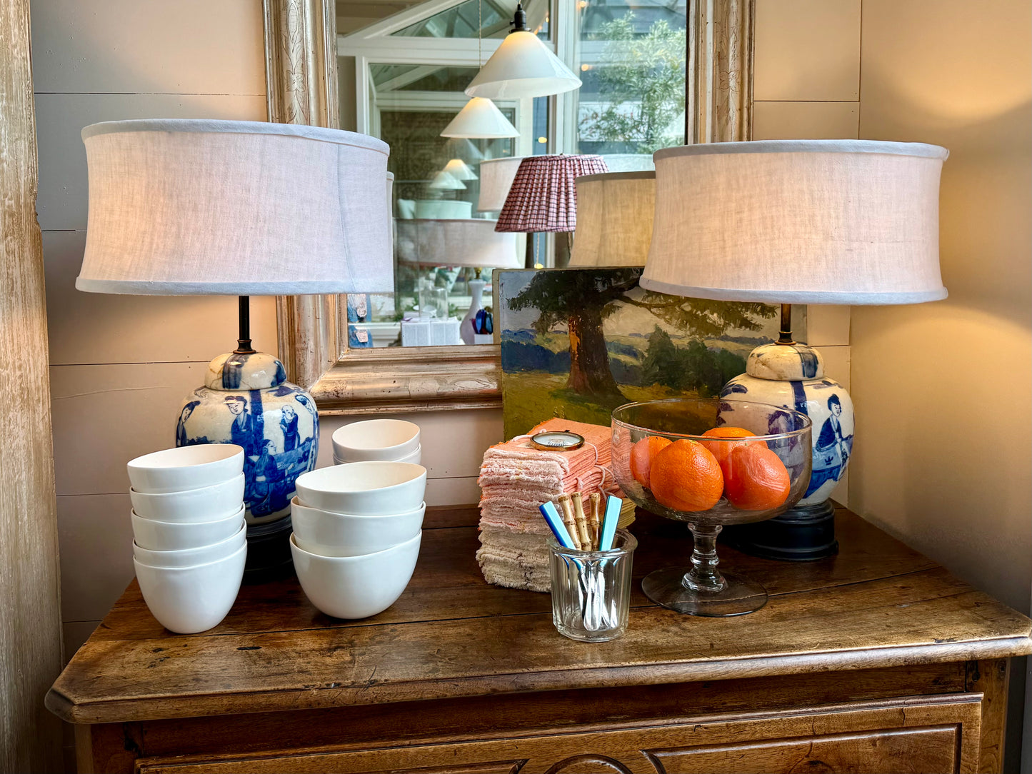 Vintage Blue & White Lamp with Linen Shade (Pair)