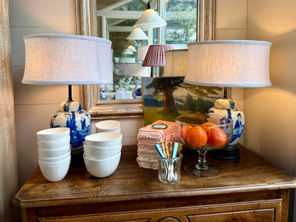 Vintage Blue & White Lamp with Linen Shade (Pair)