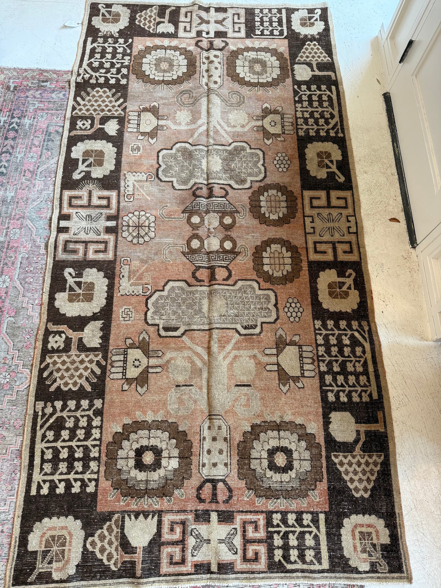 Vintage Medium Khotan Rug in Neutrals & Soft Apricot