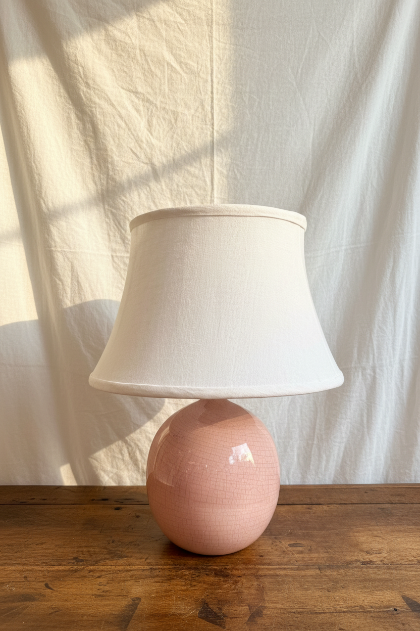 Vintage Blush Crackle Glaze Lamp with Custom Linen Shade