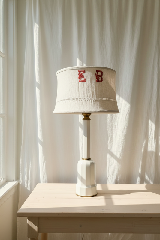 Vintage Tall Ceramic Column Lamp with Embroidered Linen Shade