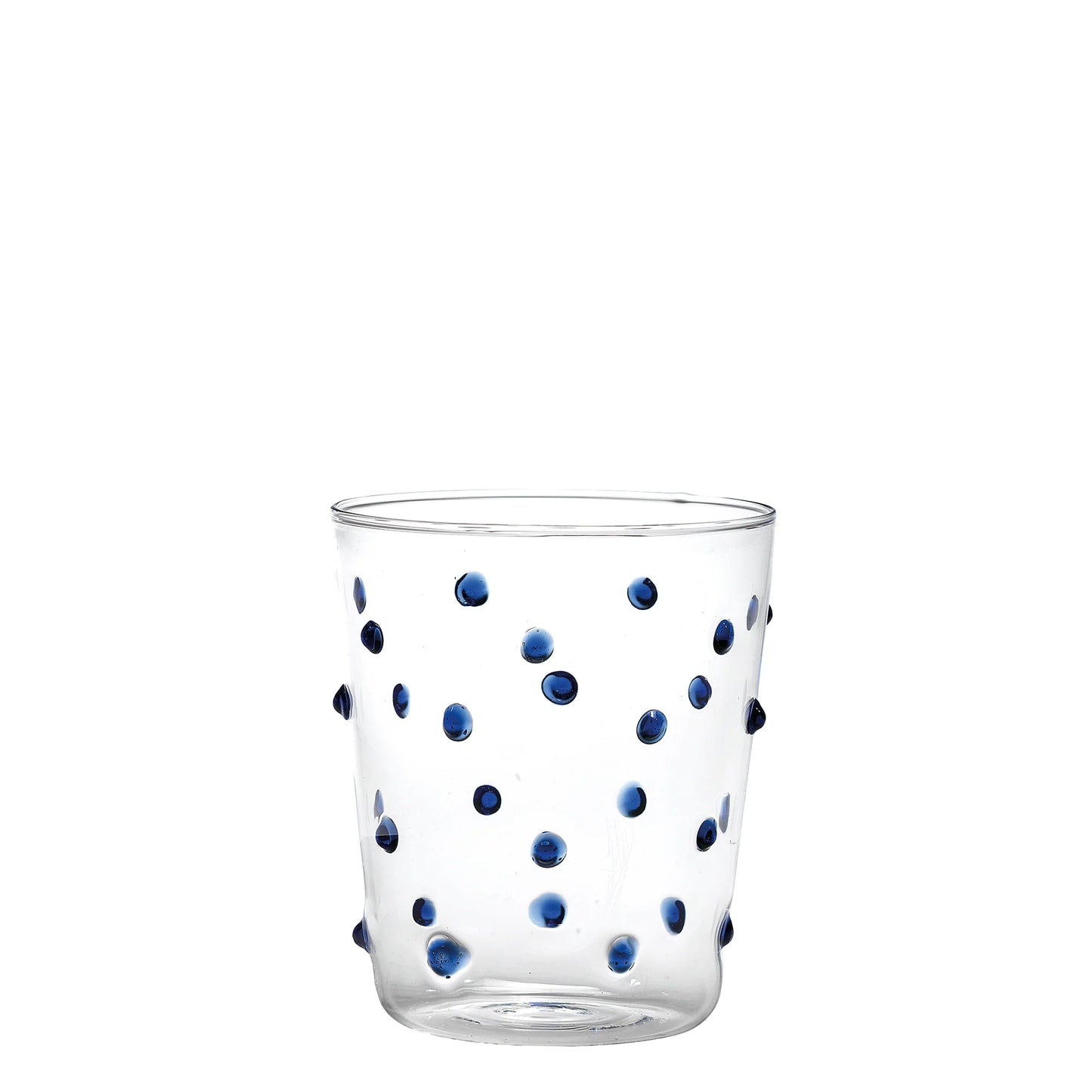 Clear glass with blue polka dots on a white background