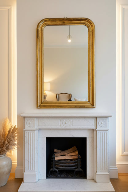 White fireplace with a gold-framed mirror above it on a white wall.