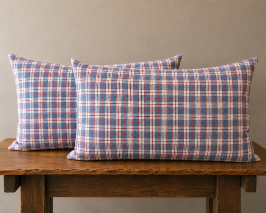 Two plaid pillows on a wooden bench against a plain wall.