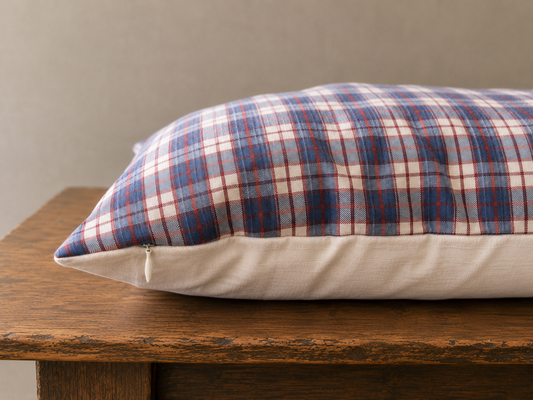 Plaid pillow on a wooden surface with a neutral background