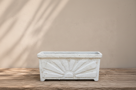 White rectangular planter with sunburst design on a wooden surface and beige wall background