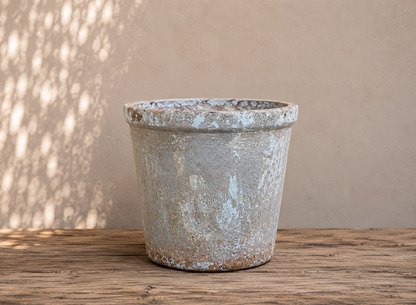 Vintage planter on a wooden surface with a neutral background